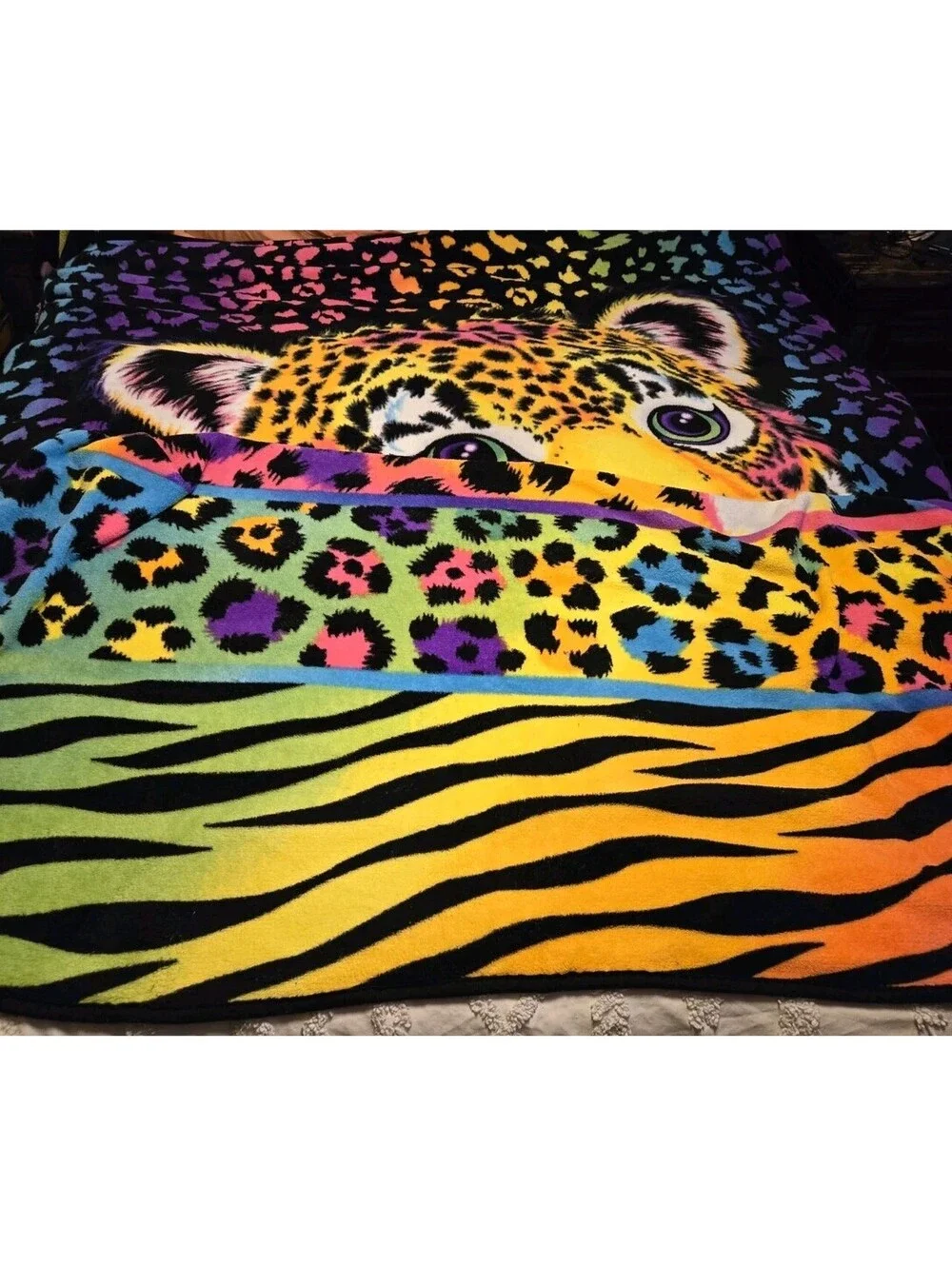 Lisa Frank Plush Blanket Throw Hunter Leopard Rainbow 60.5X88”